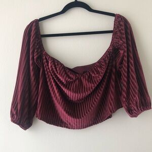 🛍 4/$25! Maroon Velvet Striped Off the Shoulder